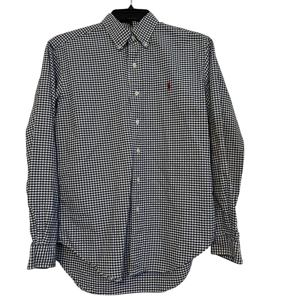RALPH LAUREN Blue Gingham Plaid Red Pony 100% Cotton Button Front Shirt Sz. M